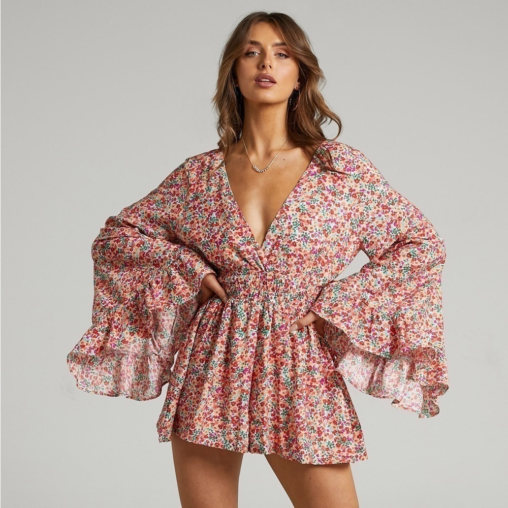 Vici Pink Floral V-Neck Romper with Bell Sleeves